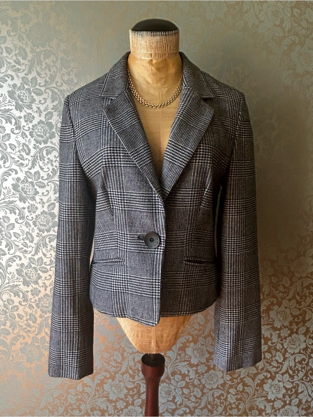 Mario Serrani Houndstooth Glen Plaid Wool-Blend Cropped Blazer Jacket Sz 10